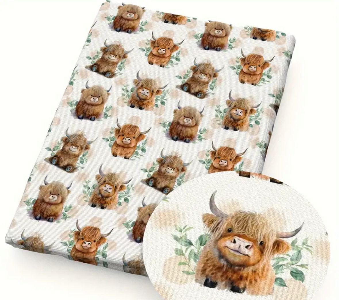 Fabric with repeating pattern of watercolor Highland cows and flowers.