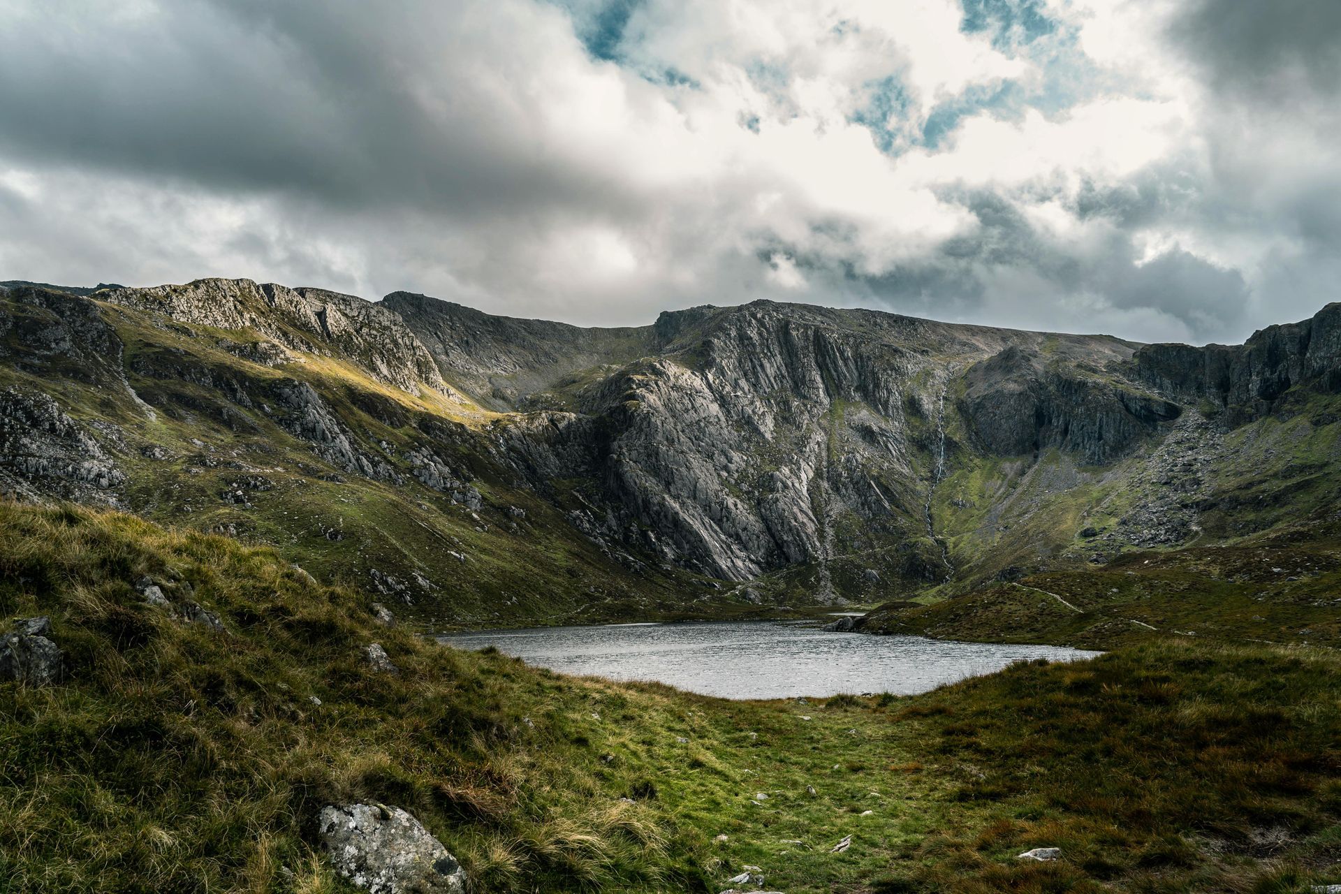 A mountain lake surrounded by rugged peaks under a cloudy sky.