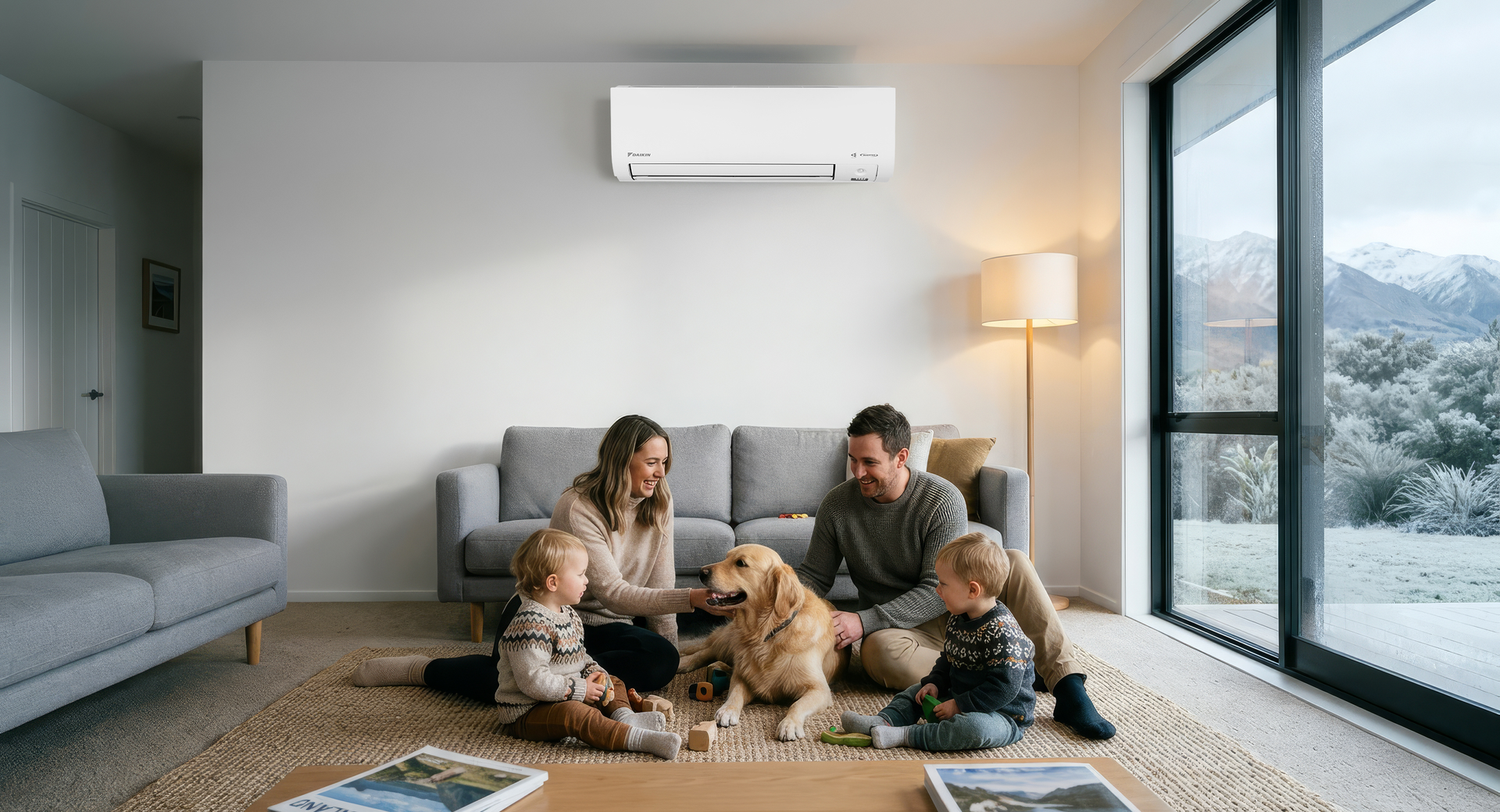 Daikin Alira X highwall heat pump on wall in cosy living room with family sat on floor with dog, winter scene outside