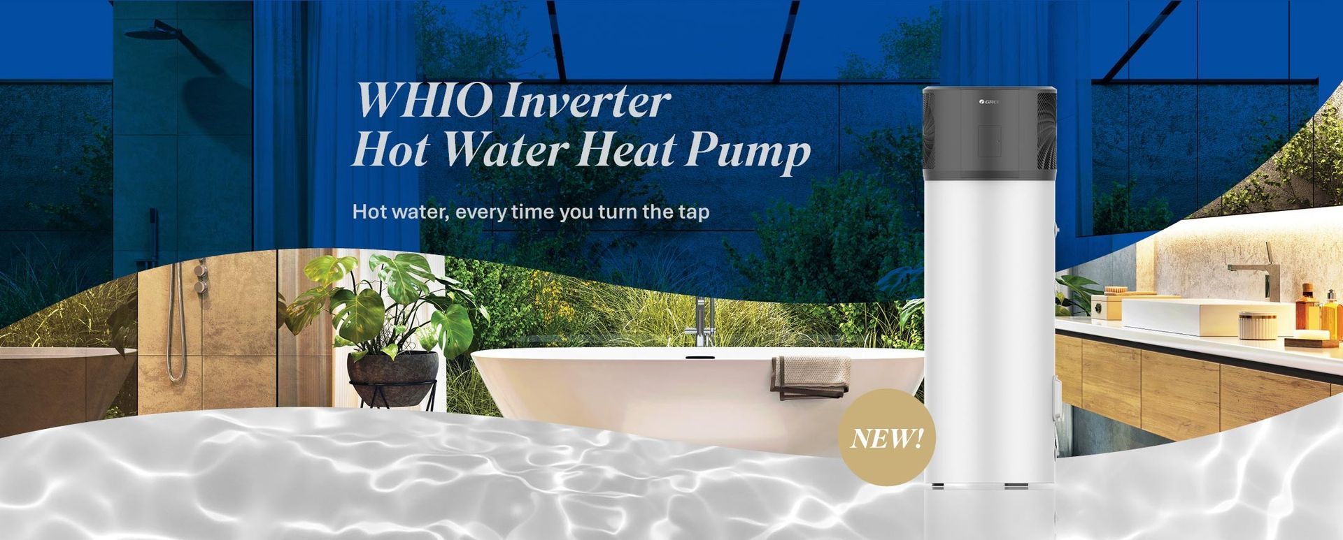 WHIO Invert Hot Water Heat Pump image over bathroom image