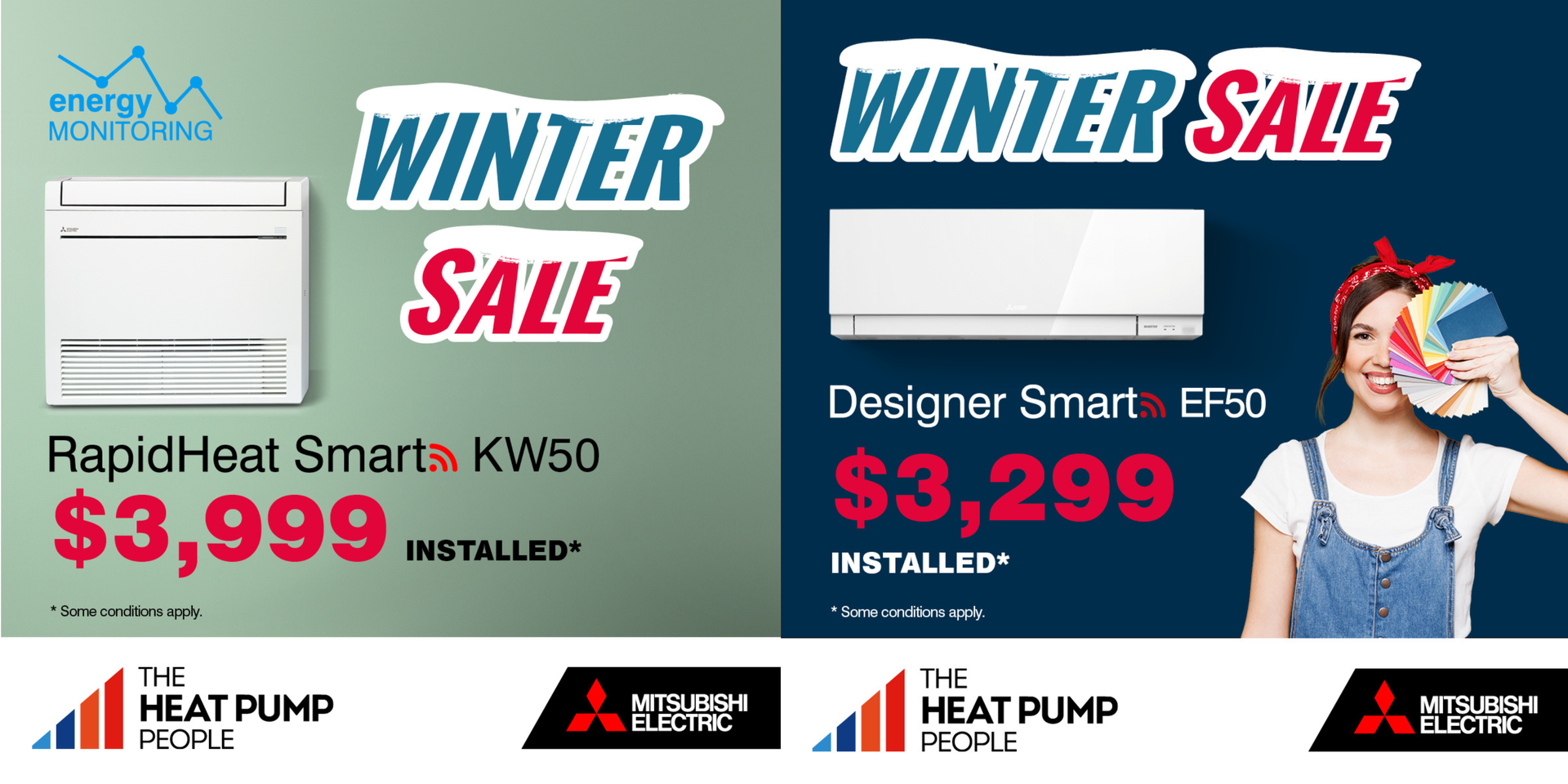 Mitsubishi winter sale heat pumps (RapidHeat Smart for $3,999 installed* and Designer Smart EF50 for $3,299 installed*).