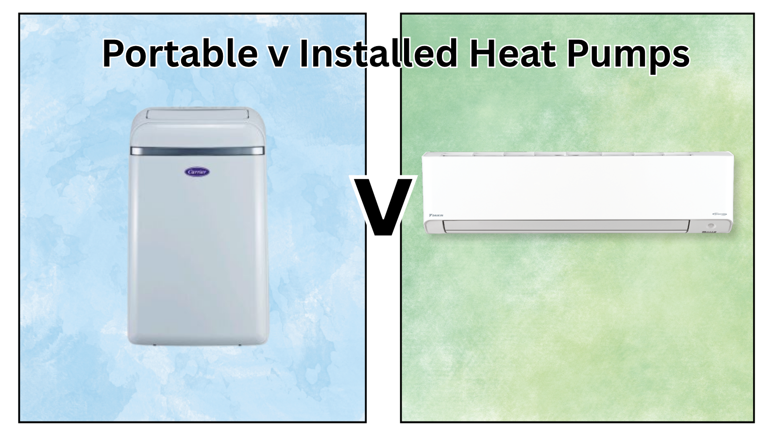 Portable v Installed Heat Pumps (image of Carrier unit and Daikin high wall unit).