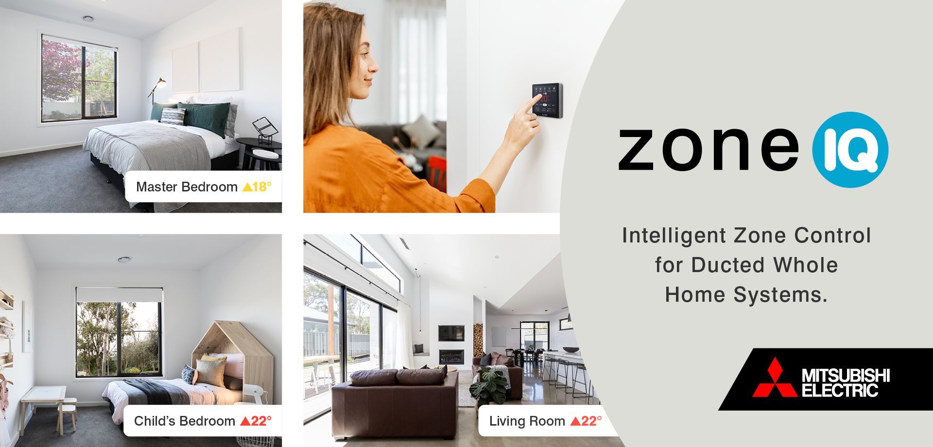 Mitsubishi Electric ZoneQ banner displaying different temperatures in different rooms
