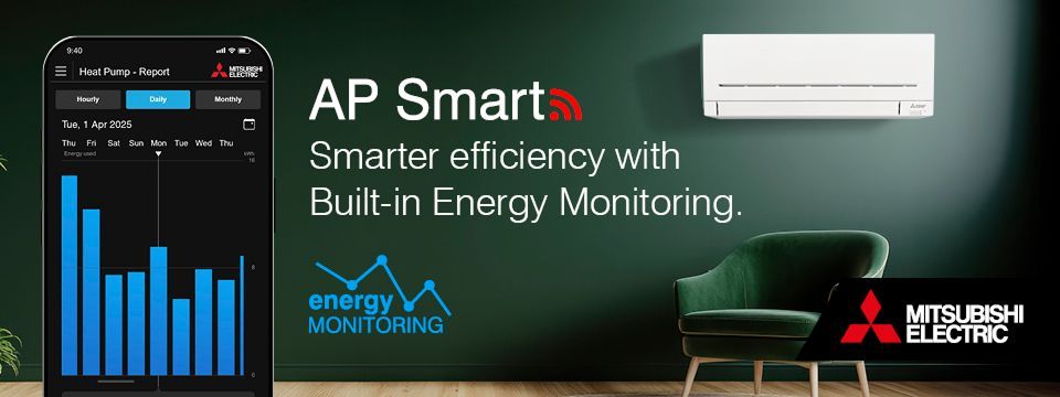 AP Smart - Smarter efficiency with built-in energy monitoring. Mitsubishi Electric energy monitoring app and image of Mitsubishi Electric AP heat pump above green chair.