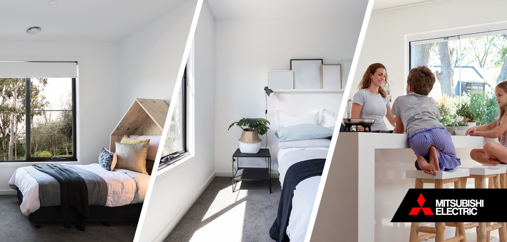 Collated image of three rooms with ducted comfort from Mitsubishi Electric.