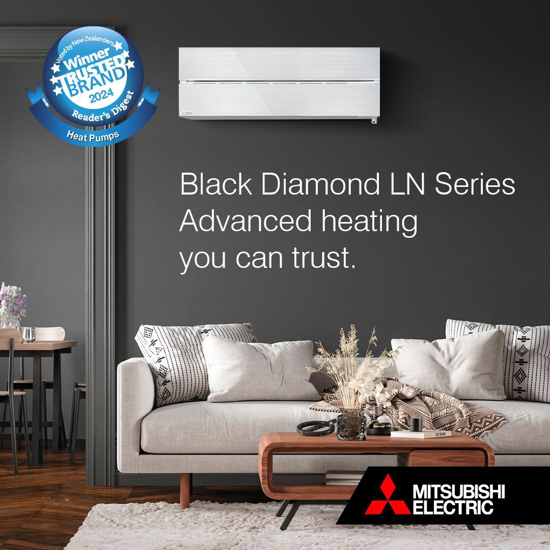 Mitsubishi Electric LN Series heat pump in living room.