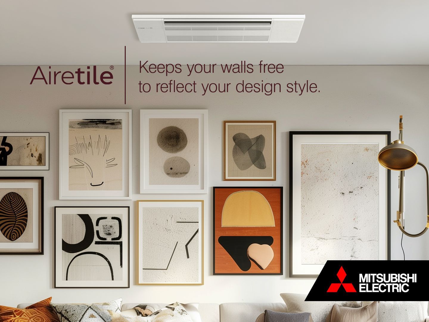 Mitsubishi Electric AireTile cassette heat pump above framed artwork in lounge