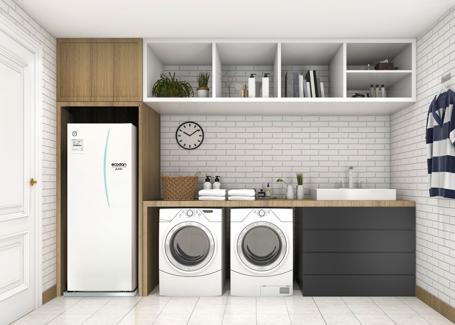 Mitsubishi Electric Ecodan cylinder in laundry room