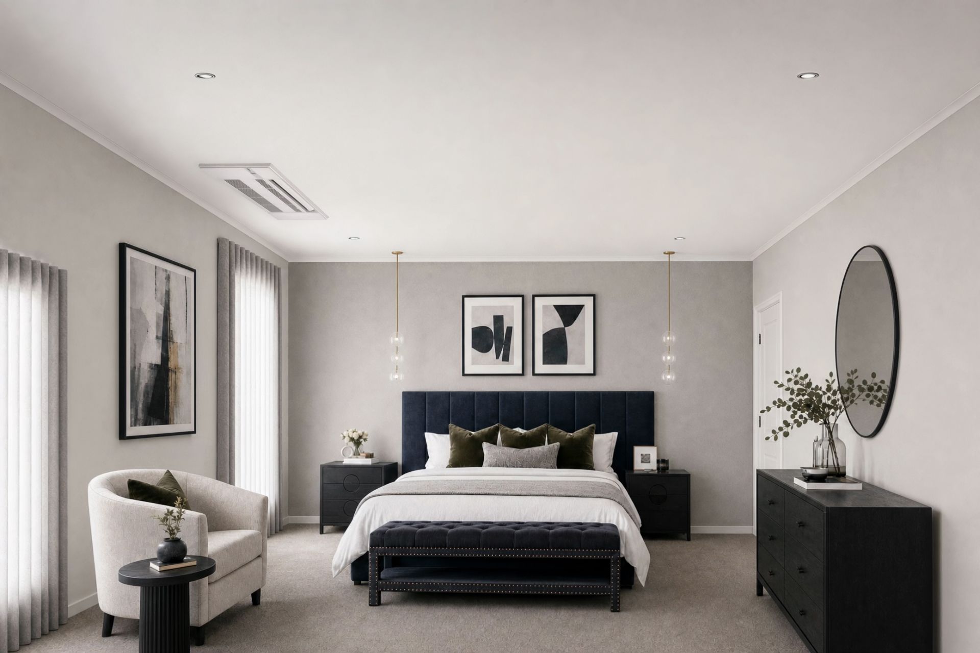 Mitsubishi Electric Airetile heat pump cassette in ceiling of modern bedroom with artwork on the walls.
