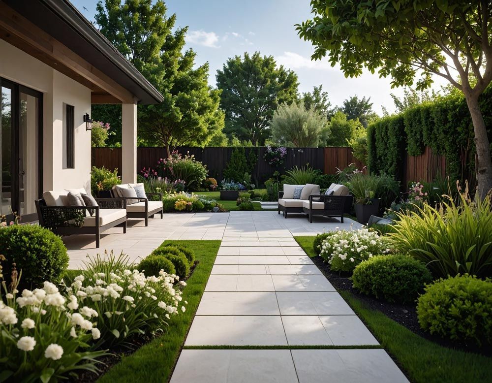 A backyard with a patio and walkway in Meridian, ID