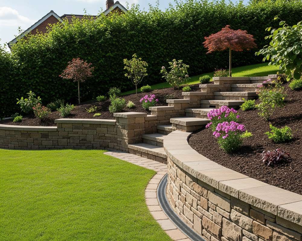 A lush green garden with a stone retaining walls and stairs in Meridian, ID