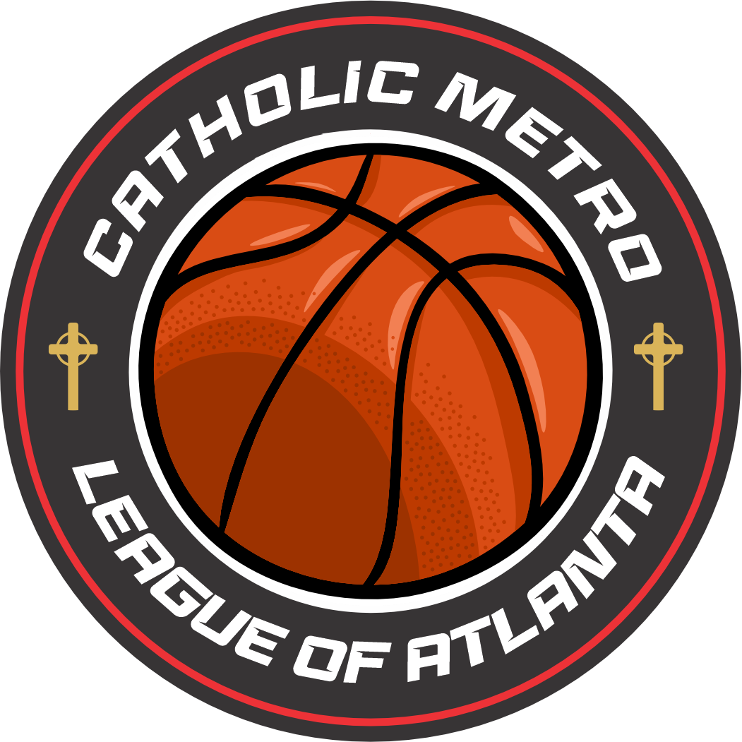 Catholic Metro League of Atlanta logo with orange basketball and white text on a black circle