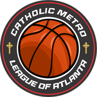 Catholic Metro League of Atlanta logo with orange basketball and white text on a black circle