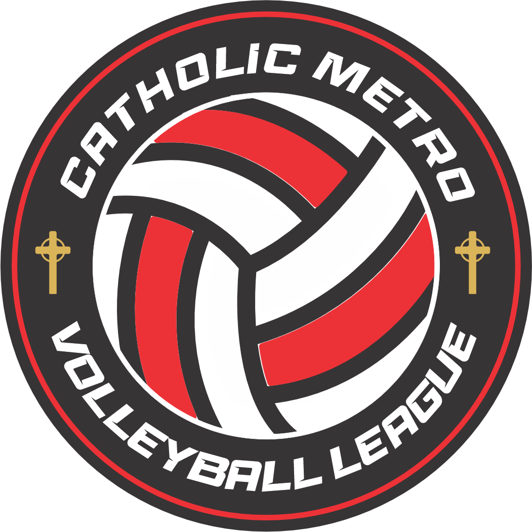 Catholic Metro Volleyball League logo with red, black, white, and gold volleyball emblem and text