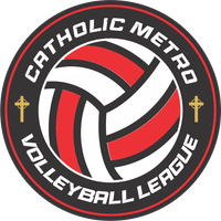 Catholic Metro Volleyball League logo with red, black, white, and gold volleyball emblem and text