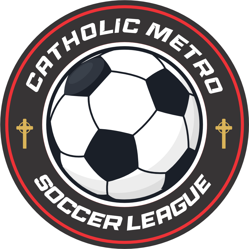 Catholic Metro Soccer League logo with a soccer ball on a black and red circular emblem
