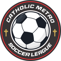 Catholic Metro Soccer League logo with a soccer ball on a black and red circular emblem