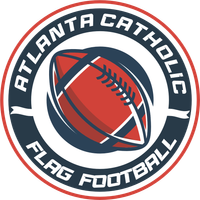 Atlanta Catholic Flags Football logo with a red football in a navy and white circular emblem