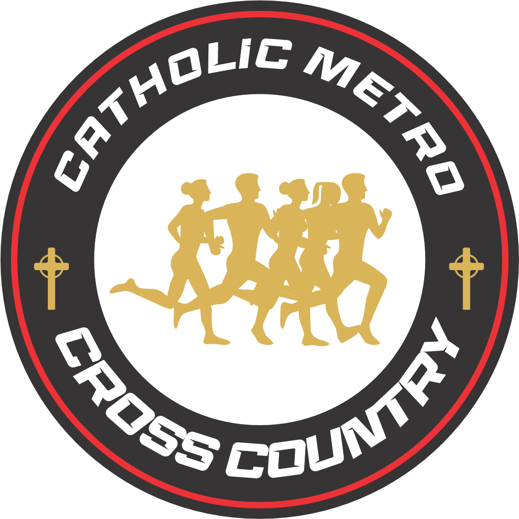 Catholic Metro Cross Country logo with runners, crosses, and gold text on a black and red circular emblem