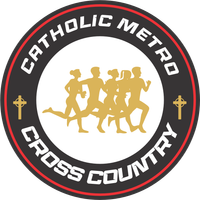 Catholic Metro Cross Country logo with runners, crosses, and gold text on a black and red circular emblem