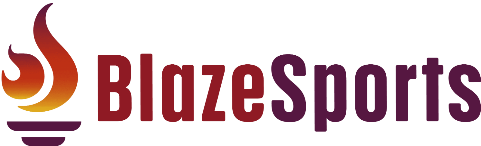 BlazeSports logo with maroon text and orange flame icon on a white background
