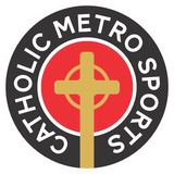 Catholic Metro Sports logo with a gold cross over a red center on a black circular background