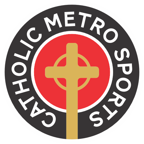 Catholic Metro Sports logo with a gold cross over a red center on a black circular background