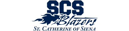 SCS Blazers logo with blue text and flame graphic, featuring St. Catherine of Siena beneath