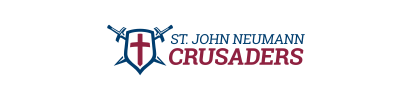 St. John Neumann Crusaders logo with shield and cross in red, blue, and white