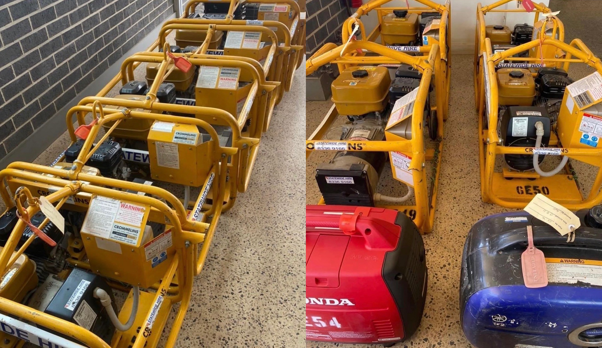 Portable petrol generator supplying temporary power to construction workers