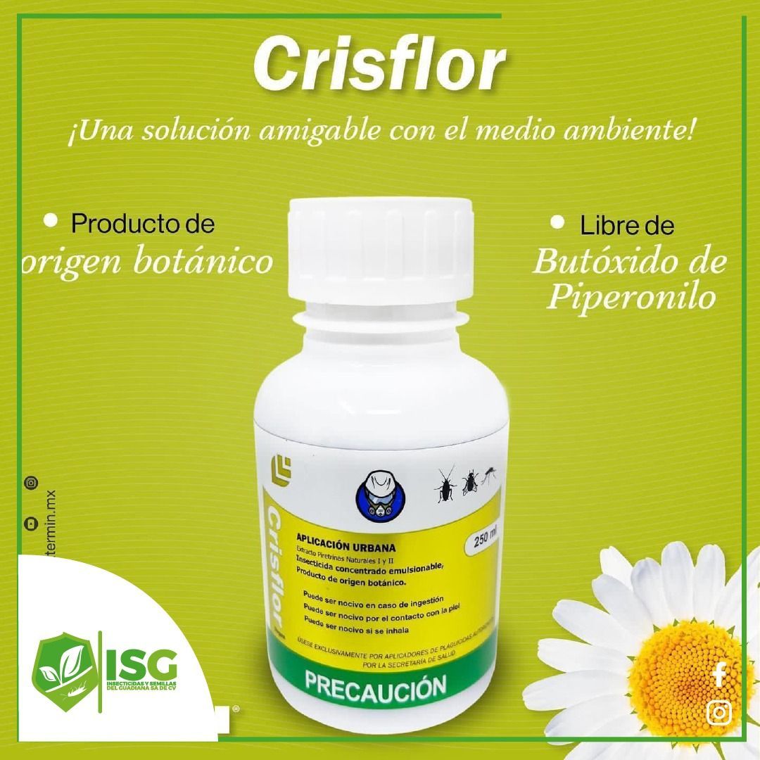 Una botella de crisflor está sobre un fondo verde