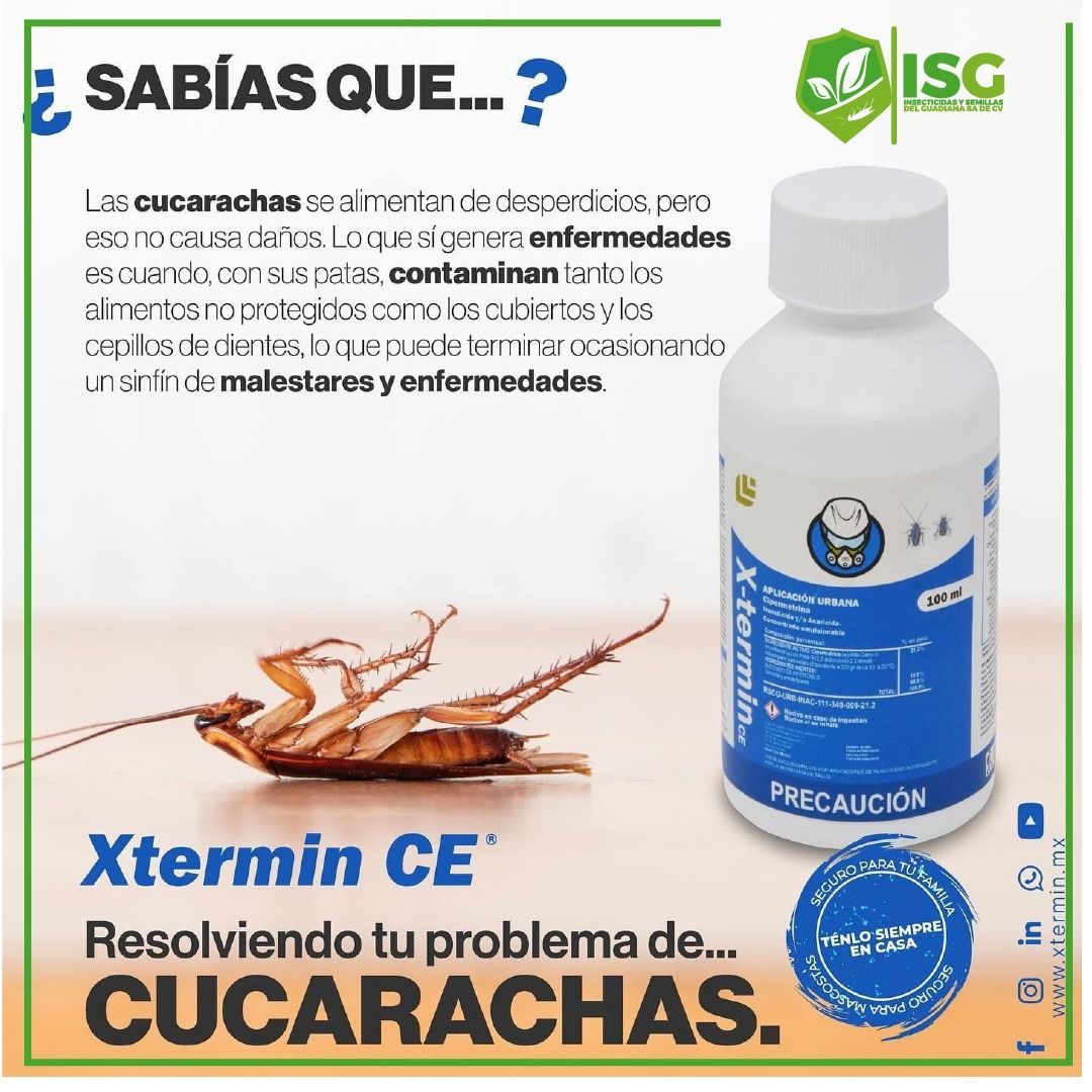 Una foto de una cucaracha junto a una botella de xtermin ce