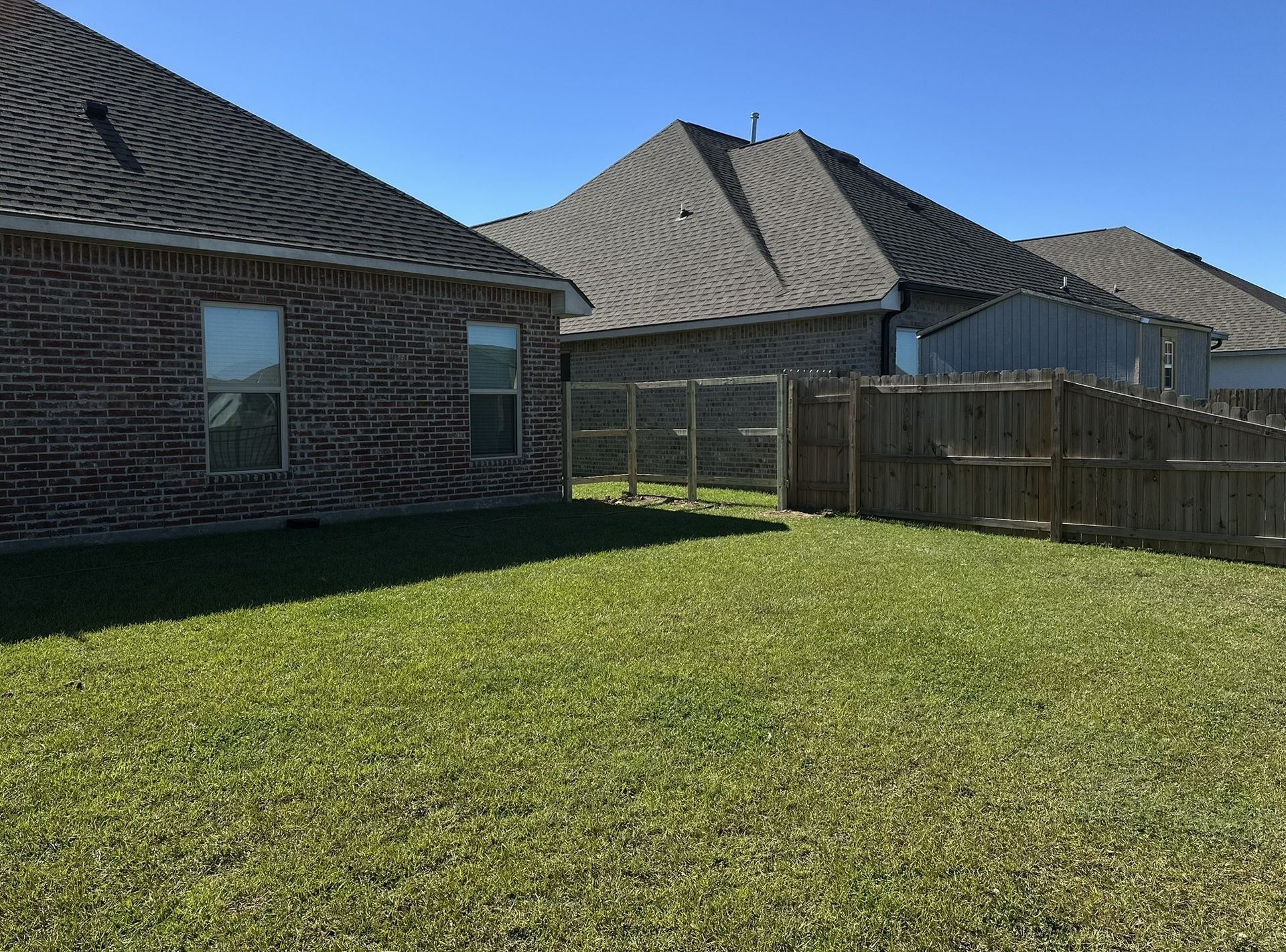 Backyard with green lawn, wooden fence, and brick houses under a clear blue sky