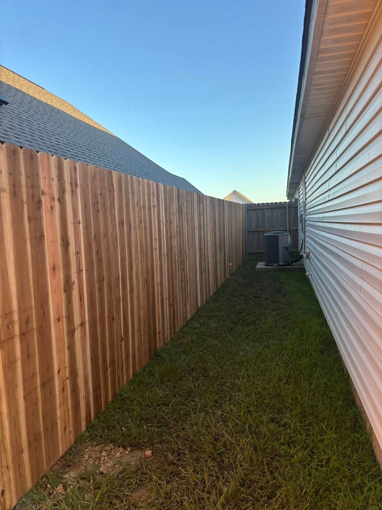 Narrow grass strip between a wooden fence and white house siding under a blue sky