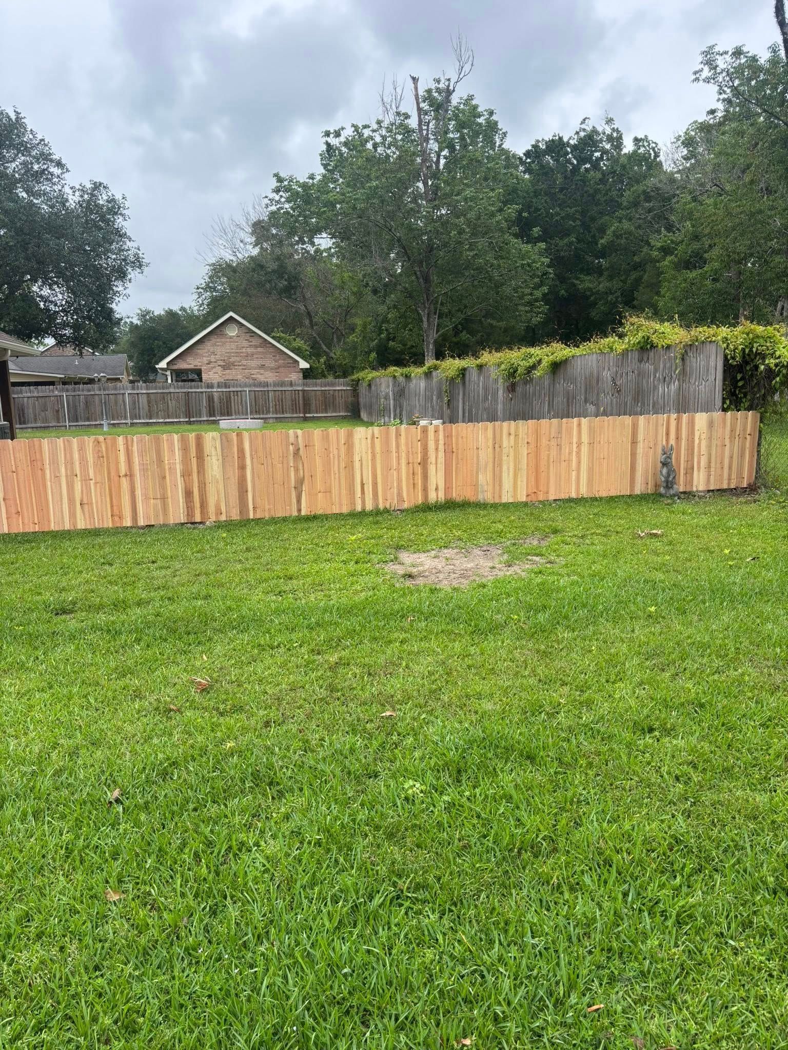 Grassy backyard with a wooden fence, trees, and a cloudy sky.