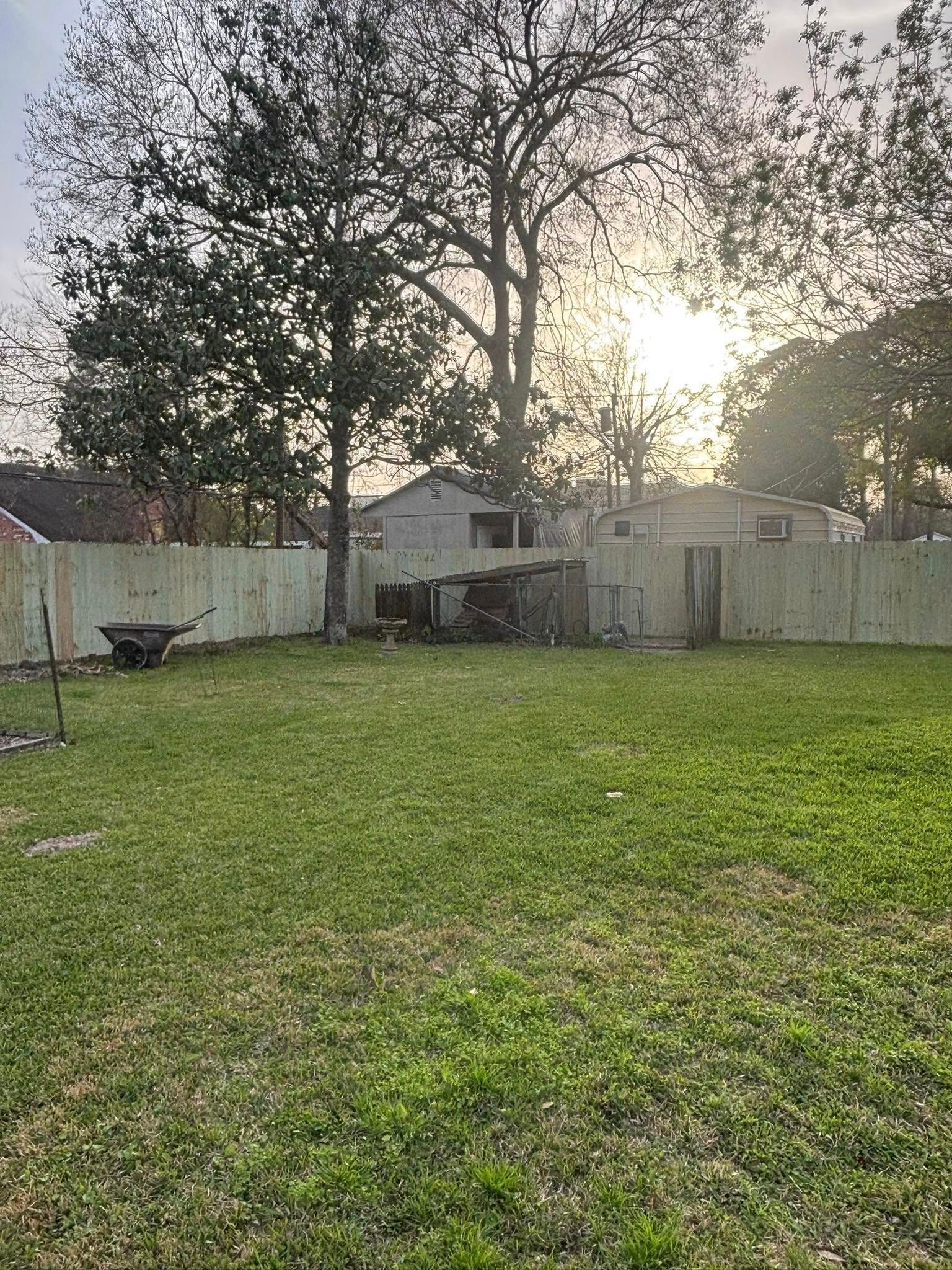 Grassy backyard with trees, a white fence, and the sun setting behind a small house