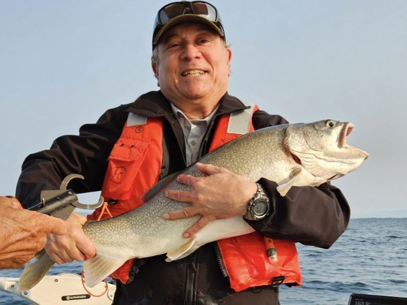 A man in an orange vest is holding a large fish