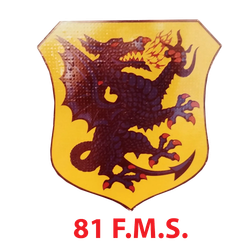A yellow shield with a red dragon and the words 81 f.m.s. below it