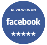 A blue circle with the words `` review us on facebook '' on it.