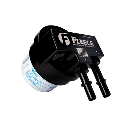 Black fuel filter with Fleece Performance Engineering logo and two black fuel line connectors.