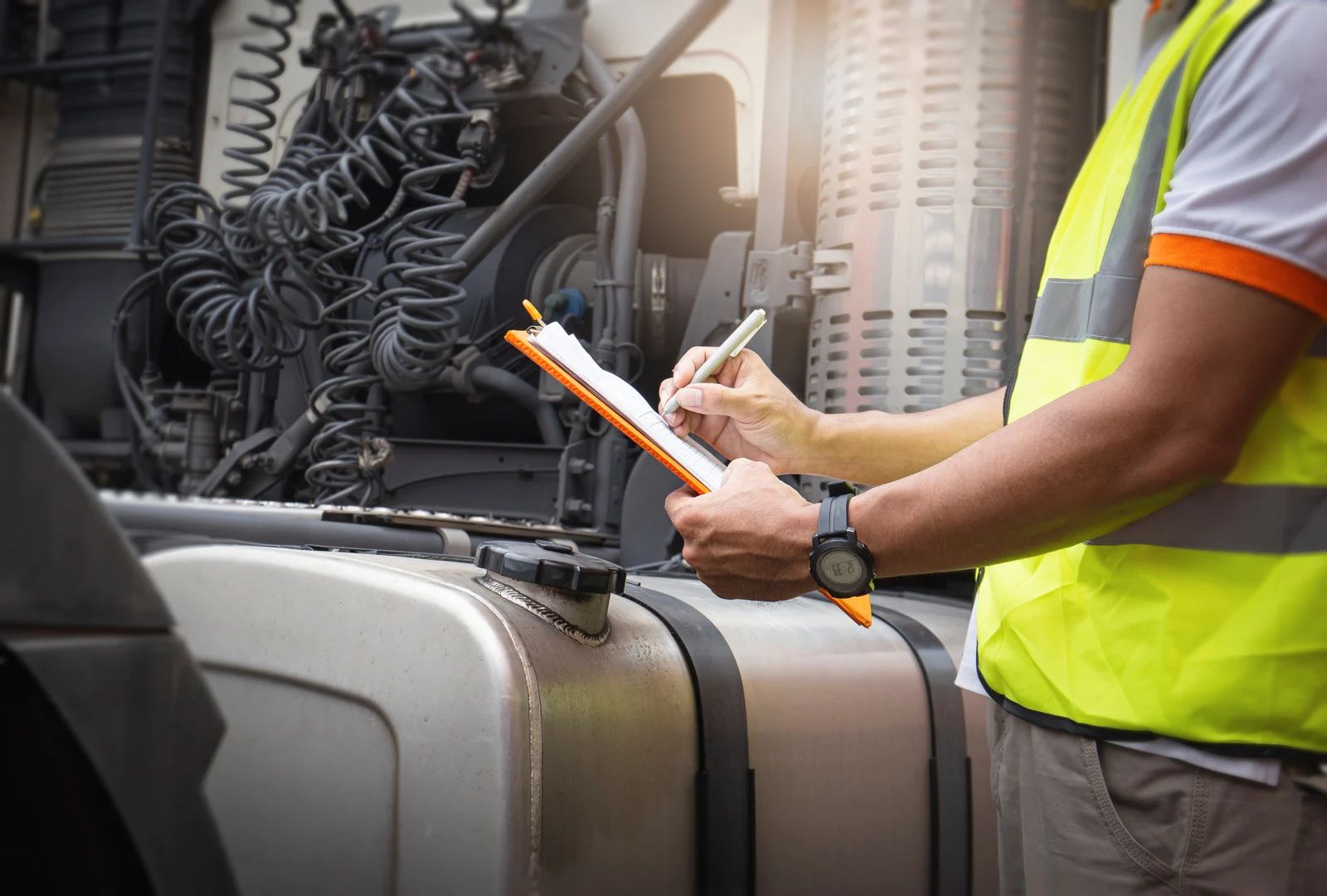 Person in safety vest inspecting a truck, writing on clipboard.