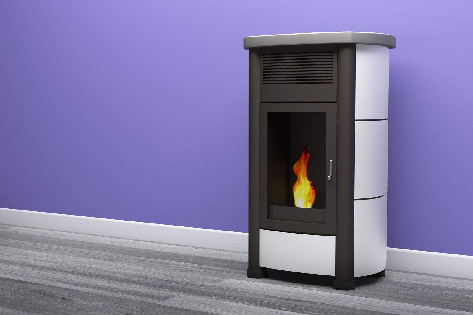 Modern black-and-silver fireplace stove with a visible flame in a purple-walled room