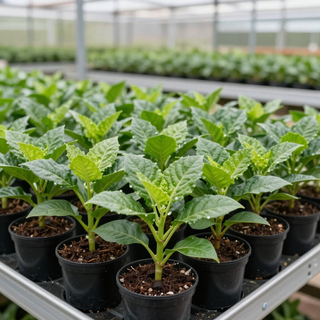 Rows of young green seedlings in black pots on a greenhouse bench