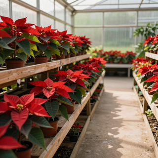 Rows of potted poinsettias with red leaves in a greenhouse aisle