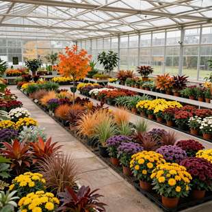 Colorful potted flowers and plants arranged in rows inside a bright greenhouse