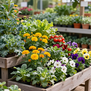 Colorful flowers and ripe tomatoes growing in wooden raised garden beds at a nursery