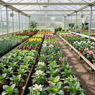 Greenhouse filled with rows of blooming flowers and potted plants in bright colors