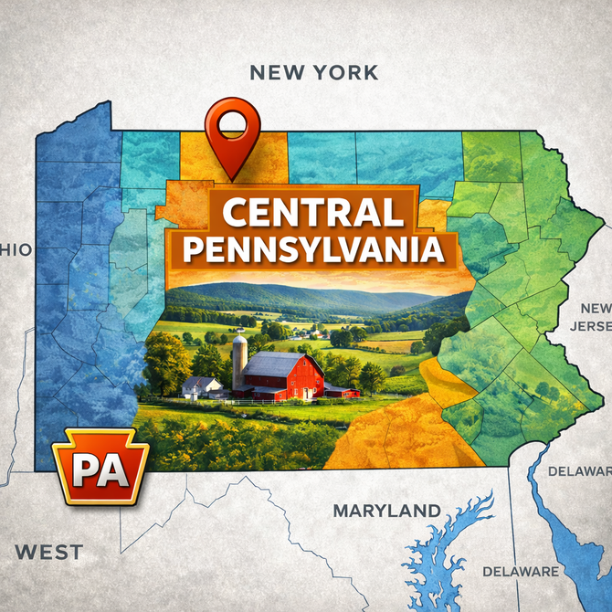 Map highlighting Central Pennsylvania in orange over a colorful regional landscape and nearby states.