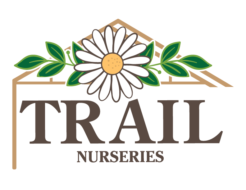Trail Nurseries logo with a white daisy, green leaves, and brown text on a white background