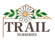 Trail Nurseries logo with a white daisy, green leaves, and brown text on a white background